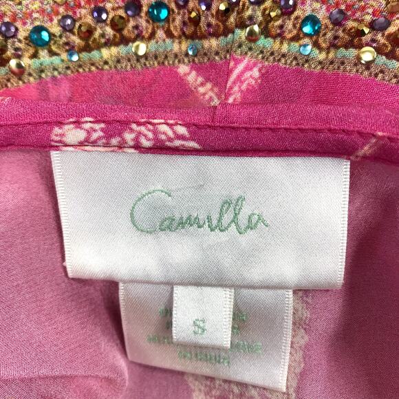 CAMILLA Silk Crystal Embellish Rufle Assym Wrap Dress Rainbow Rhythm Luxury Rare - Picture 13 of 16